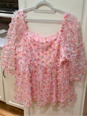 JODIFL Pastel Multi-Color Floral Applique Sheer Peplum Blouse